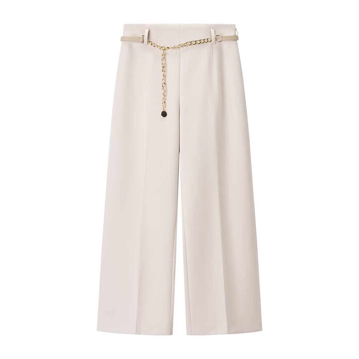 Women's Short Double-Breasted Blazer Set With Chain Belt & Ankle Pants – Elegant Office-To-Evening Outfit (Beige/Black, Sizes Xs-L)_ecoleips.com