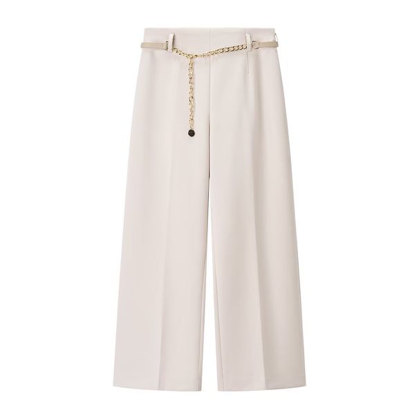 Women's Short Double-Breasted Blazer Set With Chain Belt & Ankle Pants – Elegant Office-To-Evening Outfit (Beige/Black, Sizes Xs-L)_ecoleips.com