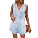 Women's Clothing Solid Color Casual V Neck Vest Button Shorts Suit For Women_ecoleips.com