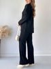 Spring Women's Pure Color Knit Set With Zipper, High Neck, And Striped Design-Two-Piece Home Wear Set_ecoleips.com