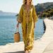 Bohemian Floral Print Deep V-Neck Midi Dress With Three-Quarter Sleeves, Flowy A-Line Summer Maxi Dress For Women, Casual Comfortable Boho Chic Dress_ecoleips.com