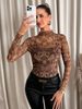 Aria Basics Aria Basics 2025 European And American Cross-Border Women's Sexy Leopard Print Mesh Ruffled Bodycon T-Shirt Top_ecoleips.com