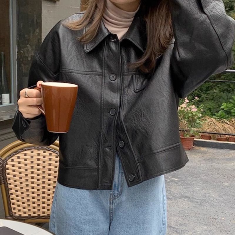 Women's PU Leather Short Jacket - Autumn Brown Retro Polo Collar Coat, Slim Fit Button-Down Blazer For Petite, Office & Casual (S-XL)_ecoleips.com