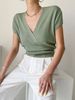 Women Lightweight Breathable Thin Vertical Rib Knit Sweater, Wrap Surplice V Neck Short Sleeve Loose Fit Slim Waist Summer Casual Knitted Top_ecoleips.com