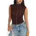 Women's Summer Solid Color Semi High Neck Button down Pleated Slim Fit Vest Cross Border European American Style Clothing_ecoleips.com