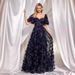 Women's Clothing Evening Dress High End Floral U Neck Evening Dress Short Sleeved Slim Party Banquet Dress For Women_ecoleips.com