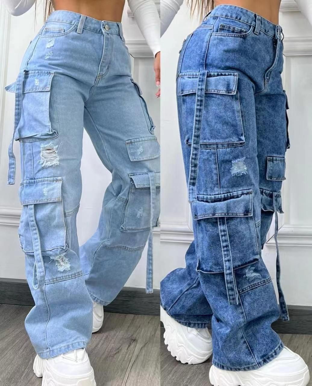 Women's Clothing New Fashion Solid Color All Match Large Size High Waist Multi Pocket Casual Workwear Denim Trousers For Women_ecoleips.com