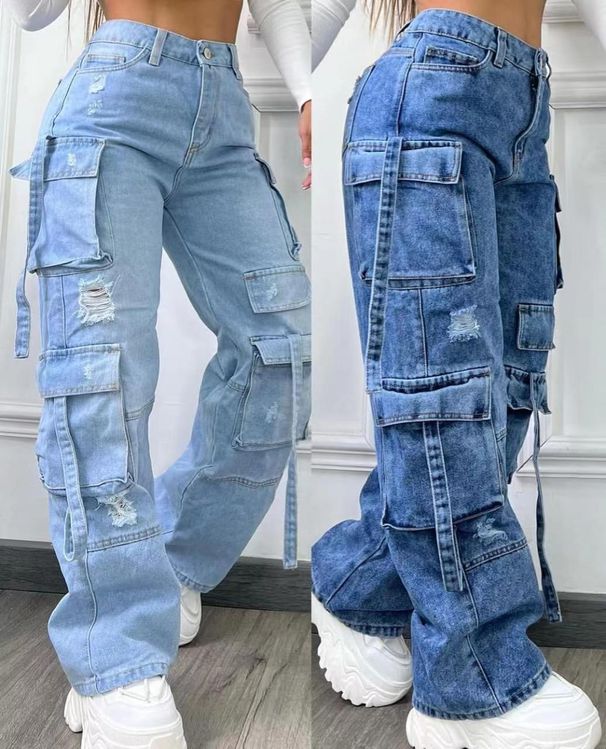 Women's Clothing New Fashion Solid Color All Match Large Size High Waist Multi Pocket Casual Workwear Denim Trousers For Women_ecoleips.com