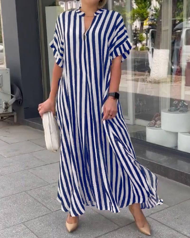 Modest Abaya Dress/Muslim Dress Women Fashion Side Slit Striped Casual Short Sleeve Dress - Comfortable & Stylish Plus Size Options (S-5XL)_ecoleips.com