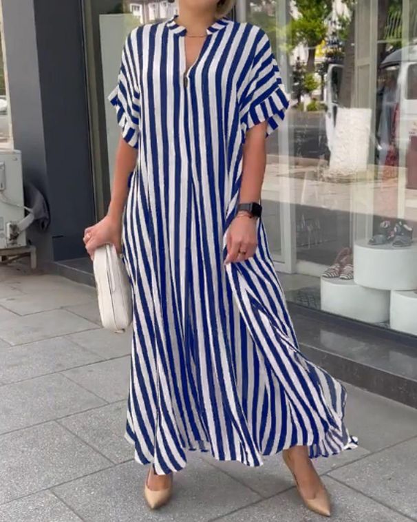Modest Abaya Dress/Muslim Dress Women Fashion Side Slit Striped Casual Short Sleeve Dress - Comfortable & Stylish Plus Size Options (S-5XL)_ecoleips.com