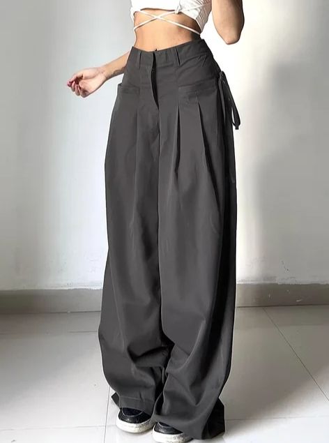Black Shirring Wide Leg Pants Women High Waist Casual Loose Trousers Streetwear Korean Retro Office Basic Y2K Lady Fashion_ecoleips.com