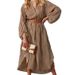 Chic Striped V-Neck Tunic Dress – Flowy Long Sleeve Shirt Dress With Lantern Sleeves (S-XXXL, Dark Brown)_ecoleips.com