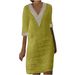 Women's Clothing Cotton And Linen Small V Neck Lace Stitching Retro Solid Color Three Quarter Sleeve Dress_ecoleips.com