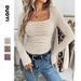 Women's Clothing Elegant Square Neck Long Sleeve Knitted T-Shirt For Women - Slim Fit Stretchable Pullover Top In Beige, Wine Red & Coffee Brown_ecoleips.com