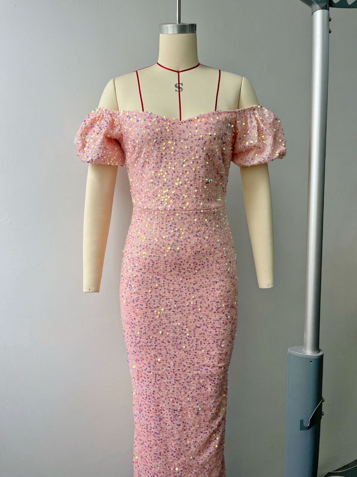 Sexy Strapless Off-the-shoulder Bubble Sleeve sequin tight dress skirt_ecoleips.com