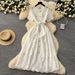 Women's Clothing Summer Retro Heavy Hollow Embroidery Round Neck Waist Short Sleeve Dress Women's Slim Single Breasted Long Skirt_ecoleips.com