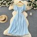 Women's Clothing Hollow Embroidery Square Collar Puff Sleeve Dress Waist Slimming Temperament Holiday Long Dress_ecoleips.com