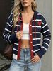 Navy White Stripe Heart Pit Rib Knit Hooded Cardigan, Loose Lightweight Breathable Soft Skin-touch Long Sleeve Drawstring Button Knit Jacket_ecoleips.com