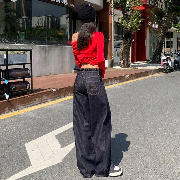 Autumn Bestseller: Denim-colored American Retro Washed Loose Straight-Leg Jeans For Women With Embroidery And Draped_ecoleips.com