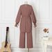 K Solid Color Drawstring Tie Two-piece Round Neck Top, Wide Leg Pants, Elegant Women's Suit_ecoleips.com
