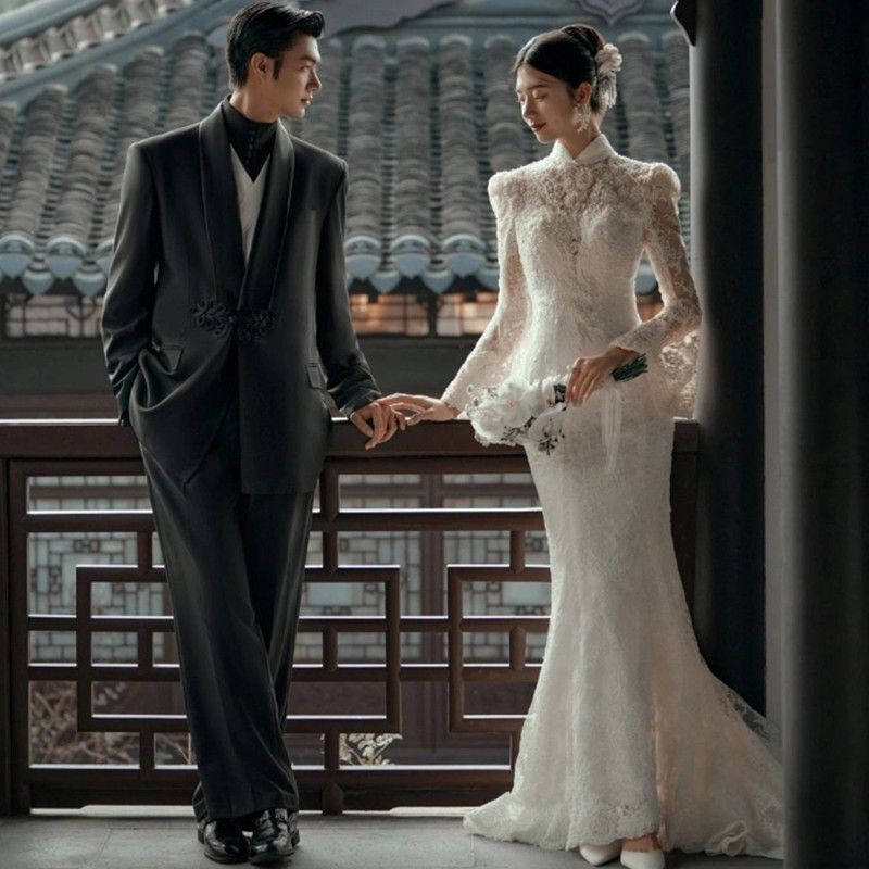 Women's Clothing Women's White Lace Mermaid Wedding Dress Light Style With Short Train Slimming Design Party Wear_ecoleips.com