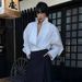 Fashion White Silhouette Shirt Women's Stand Collar Cross Loose Long Sleeves Sense Of Design Blouse New P58Q_ecoleips.com