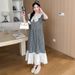 Summer New Korean Fashion Lace Trim Plaid Patchwork V-Neck Maternity Dress_ecoleips.com