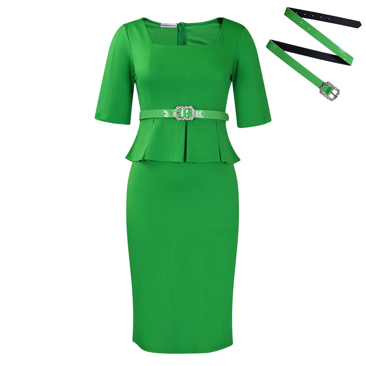 Women's Fashion Square Neck Short Sleeve Office Dress With Ruffles & Waist Tie - Elegant Bodycon Midi Dress For Work & Casual_ecoleips.com
