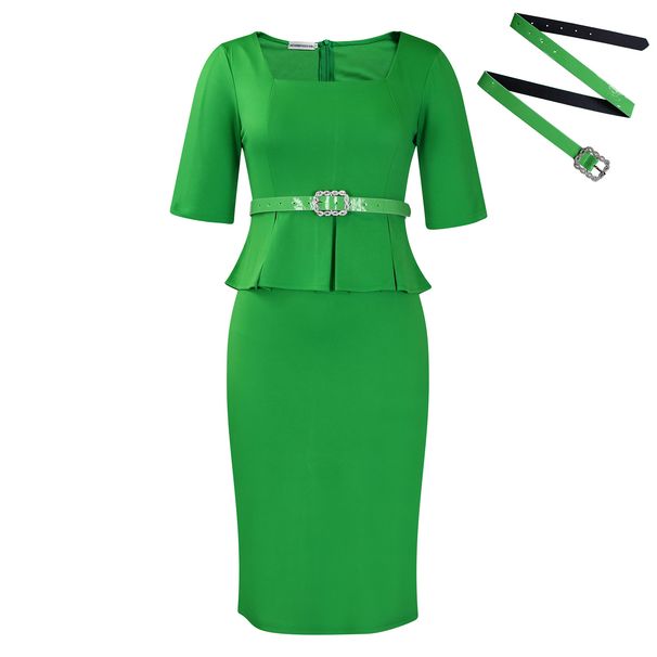 Women's Fashion Square Neck Short Sleeve Office Dress With Ruffles & Waist Tie - Elegant Bodycon Midi Dress For Work & Casual_ecoleips.com