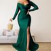 Women's Elegant Evening Gown Long Sleeve Solid Color V‑Neck With High Slit For Nightclub Autumn Winter Wear_ecoleips.com