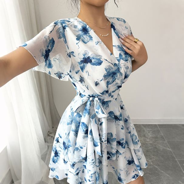 Voya Women's European And American Casual Vacation Printed Short-Sleeve Cake Skirt Dress Women's Clothing 2026 Spring/Summer_ecoleips.com