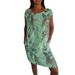 Women's Round-Neck, Loose-Fitting, Short-Sleeved, Printed Dress With Pockets_ecoleips.com