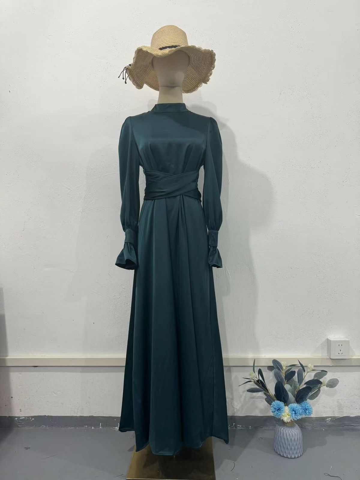 Elegant Wrap Waist Flowy Dress With Puff Sleeves - Long Sleeve Solid Color Midi Dress For Women, Autumn Casual Office Wear_ecoleips.com