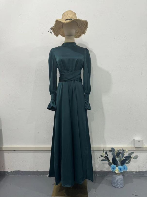 Elegant Wrap Waist Flowy Dress With Puff Sleeves - Long Sleeve Solid Color Midi Dress For Women, Autumn Casual Office Wear_ecoleips.com