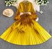 Elegant A-Line Skirt Dress For Women With Pearl Button Round Neck Waist Cinching Gradient Print Pleated Detail Casual Spring/Autumn Wear_ecoleips.com
