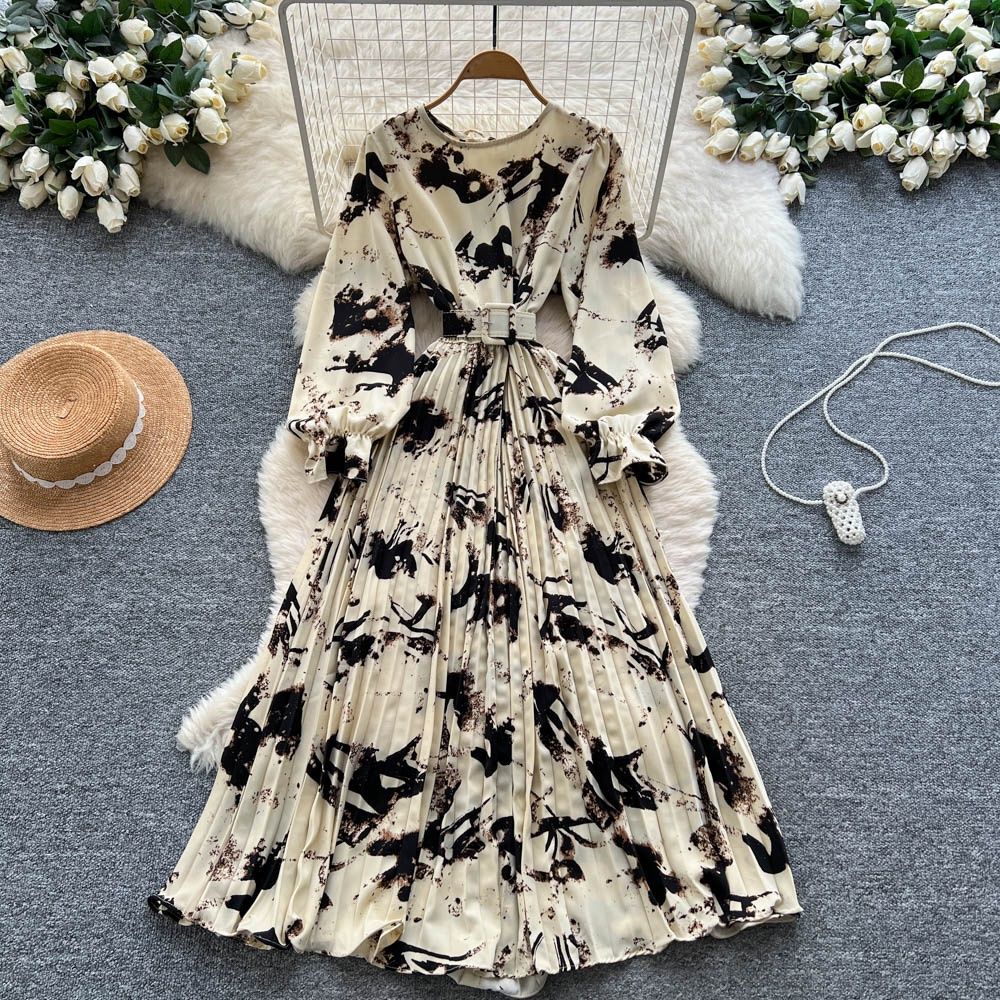 French Vintage Floral Print Wrap Dress Elegant Ruffled Maxi Women's Dress with Adjustable Waist Tie_ecoleips.com
