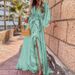 Women's V Neck Long Dress Printed Tie Waist Autumn Clothing Fashion_ecoleips.com