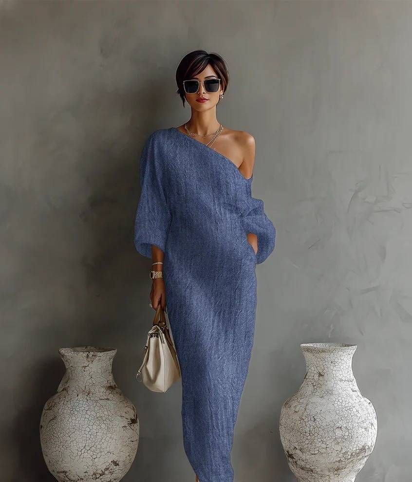 Zen-Inspired Asymmetrical Maxi Dress – Elegant Off-Shoulder Silhouette, Polyester Flowy Boho Dress With Side Slits_ecoleips.com