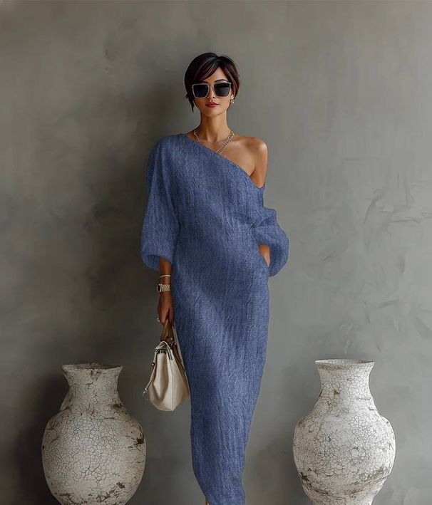 Zen-Inspired Asymmetrical Maxi Dress – Elegant Off-Shoulder Silhouette, Polyester Flowy Boho Dress With Side Slits_ecoleips.com