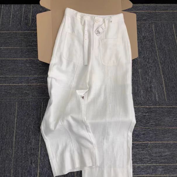 Women's Clothing Old Money Style Minimalist White Linen High End Casual Wide Leg Trousers Women's Clothing Bottoms_ecoleips.com