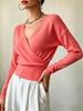 Women Wrap V Neck Ribbed Knit Top Loose Long Sleeve Lightweight Hollow Texture Breathable Skin-friendly Crop Knit Blouse_ecoleips.com