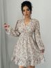 Women's Ditsy Floral Print Shirred V Neck A Line Dress, Elegant Bishop Sleeve Short Dress For Spring & Fall_ecoleips.com