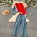 European And American Fashion Suit For Women, Vintage Casual Color-block Long-sleeve Sweatshirt With Denim Patchwork_ecoleips.com