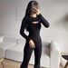 Women Fashion Two Piece Set Solid Color Long Sleeve Top And Bodycon Hip Lifting Strappy Jumpsuit Dress Outfit_ecoleips.com
