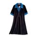 Women's European American Retro Slimming Denim Patchwork Zipper Collar Summer Casual Loose Straight Long Dress_ecoleips.com