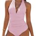 Women's Clothing Solid Color One Piece Bikini Deep V Neck Swimwear Sexy Tie-up Halter Neck Design Summer Swimwear_ecoleips.com