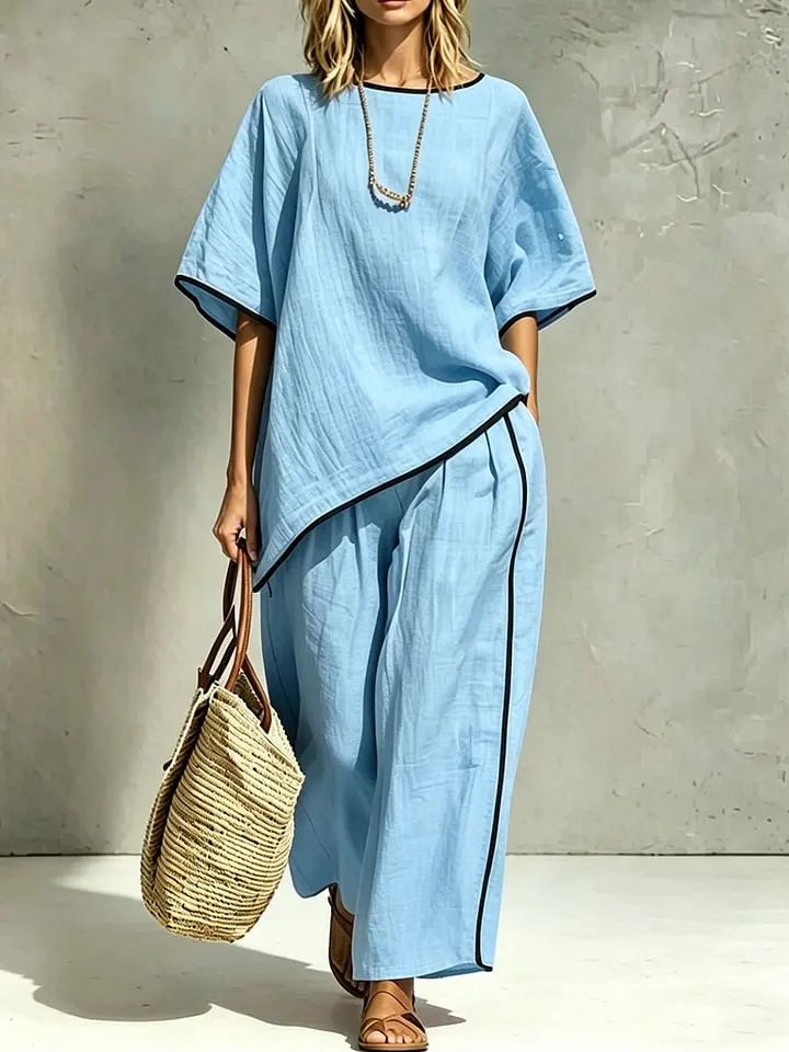 Women's Elegant Two Piece Set Round Neck Casual Loose Short Sleeve American Style_ecoleips.com