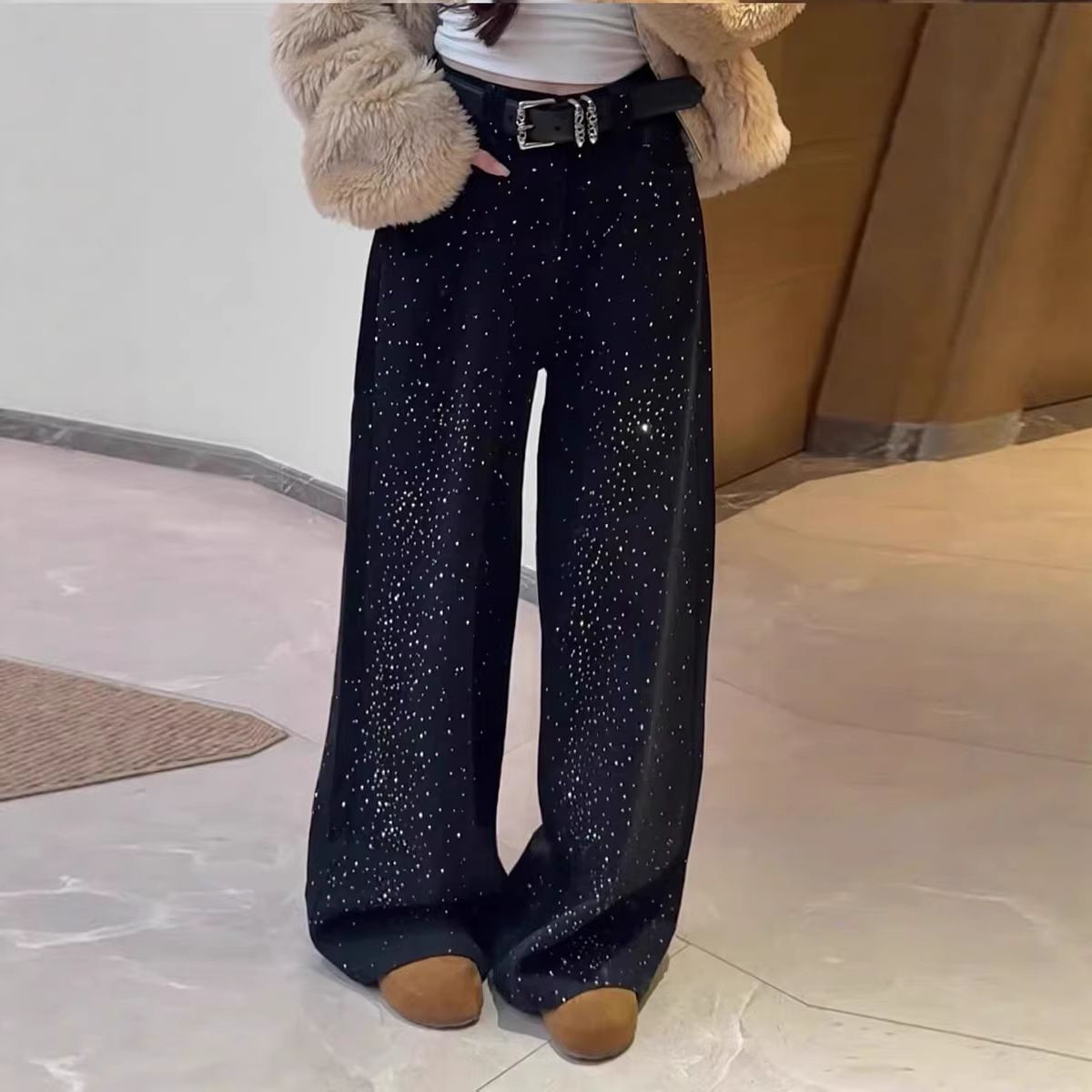 Women's Clothing Women's Rhinestone Patchwork Denim Jeans Sexy Loose Fitting Relaxed Retro Starry Floor Length Pants_ecoleips.com
