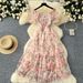 Women's Clothing Tea Break Retro Gentle Style Floral Chiffon Dress Female Waist Temperament One Shoulder Puff Sleeve Mesh Skirt_ecoleips.com