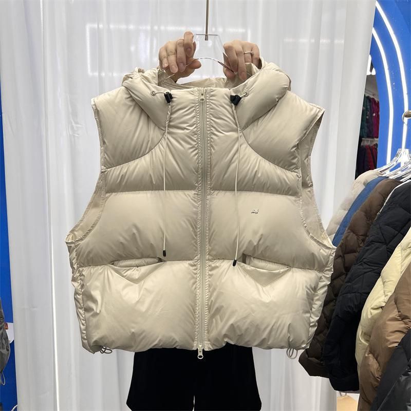 Women's Lightweight Hooded White Goose Down Vest, Oversized Short Puffer Jacket, Casual Zip-Up Outerwear For Fall & Winter_ecoleips.com